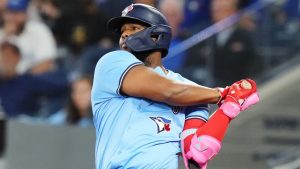 Toronto Blue Jays' Vladimir Guerrero Jr. hits a two-run double against the Boston Red Sox during third inning American League MLB baseball action in Toronto on Tuesday, September 24, 2024. (Chris Young/CP Photo)