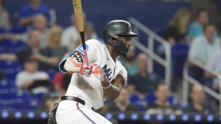 Miami Marlins' Jesús Sánchez (12) hits a single during the first inning of a baseball game against the Los Angeles Dodgers, Tuesday, Sept. 17, 2024, in Miami. (Marta Lavandier/AP)