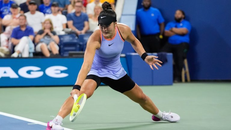 Canada's Bianca Andreescu returns a shot to Italy's Jasmine Paolini during a first-round match of the U.S. Open tennis championships, Tuesday, Aug. 27, 2024, in New York. (Frank Franklin II/AP)