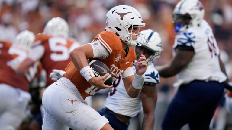 Texas quarterback Arch Manning (16) runs for a 67-yard touchdown against UTSA during the first half of an NCAA college football game in Austin, Texas, Saturday, Sept. 14, 2024. (Eric Gay/AP)