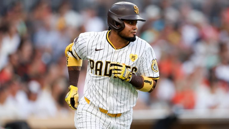 San Diego Padres designated hitter Luis Arraez runs to first baseafter hitting a single during the third inning of a baseball game against the San Francisco Giants, Saturday, Sept. 7, 2024, in San Diego. (Ryan Sun/AP)