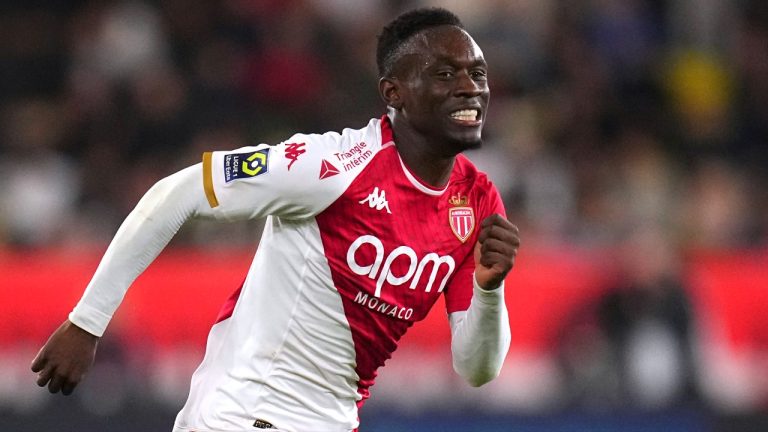 Monaco's Folarin Balogun during the French League One soccer match between Monaco and Paris Saint-Germain at the Stade Louis II in Monaco, Friday, March 1, 2024. (Daniel Cole/AP)