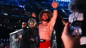 Merab Dvalishvili celebrates after defeating Sean O'Malley in a bantamweight mixed martial arts title bout during UFC 306 at the Sphere, Saturday, Sept. 14, 2024, in Las Vegas. (Wade Vandervort/Las Vegas Sun via AP)