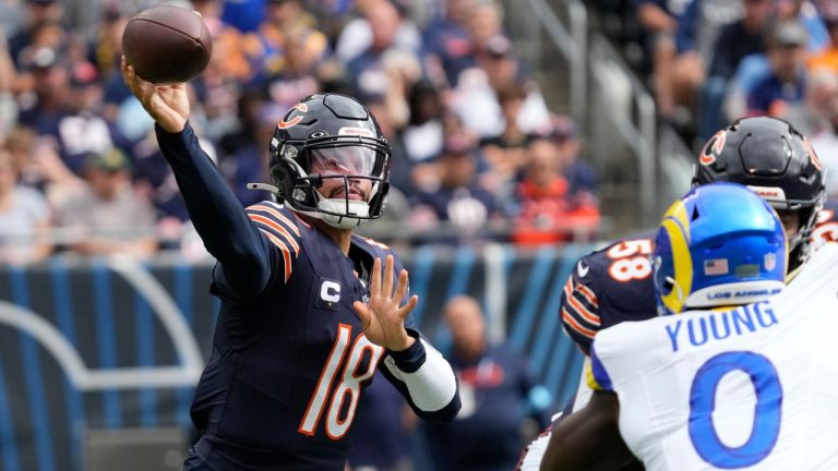 Chicago Bears quarterback Caleb Williams passes during the first half of an NFL football game against the Los Angeles Rams on Sunday, Sept. 29, 2024, in Chicago. (Nam Y. Huh/AP Photo)