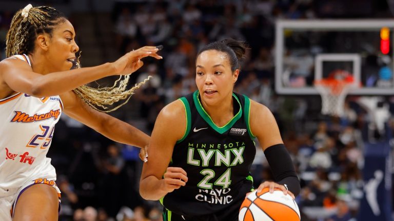 Minnesota Lynx forward Napheesa Collier (24) works around Phoenix Mercury forward Monique Billings, left, in the first quarter of Game 2 of a WNBA basketball first-round playoff game Wednesday, Sept. 25, 2024, in Minneapolis. (Bruce Kluckhohn/AP)