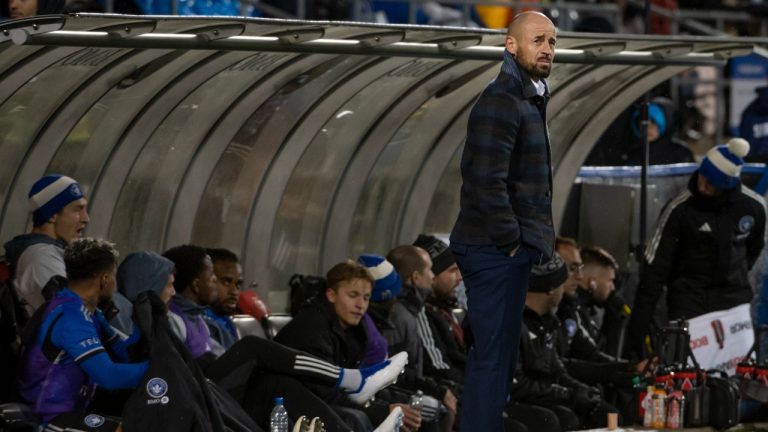 CF Montreal head coach Laurent Courtois looks on during second half MLS soccer action against FC Cincinnati, in Montreal, Saturday, April 13, 2024. (Peter McCabe/CP)