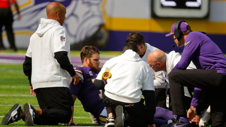 Minnesota Vikings quarterback Sam Darnold sits on the field after getting injured during the second half of an NFL football game against the Houston Texans, Sunday, Sept. 22, 2024, in Minneapolis. (Bruce Kluckhohn/AP)