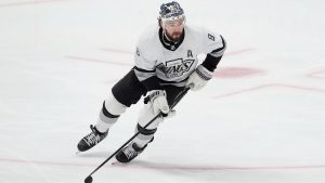 Los Angeles Kings defenceman Drew Doughty (8) skates with the puck during the first period an NHL hockey game against the Dallas Stars in Dallas, Saturday, March 16, 2024. (LM Otero/AP)