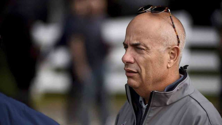 Mark Casse looks on at Pimlico Race Course in Baltimore, Md., Thursday, May 16, 2019. (Will Newton/AP)