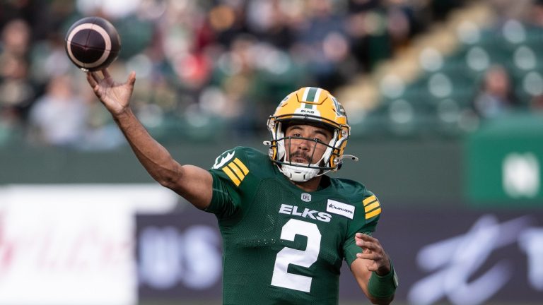 Edmonton Elks quarterback Tre Ford (2) makes the throw against the Winnipeg Blue Bombers during first half CFL action in Edmonton, on Saturday September 21, 2024. (Jason Franson/THE CANADIAN PRESS)