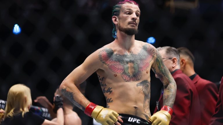 Sean O'Malley reacts after fighting Merab Dvalishvili in a bantamweight mixed martial arts title bout during UFC 306 at the Sphere in Las Vegas. (Wade Vandervort/Las Vegas Sun via AP)