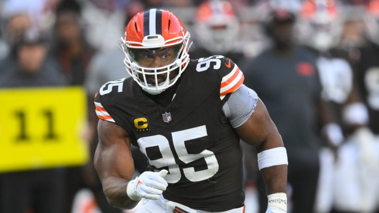 Cleveland Browns defensive end Myles Garrett (95) rushes the passer during an NFL football game against the Dallas Cowboys, Sunday, Sept. 8, 2024 in Cleveland. The Cowboys won 33-17. (David Richard/AP)