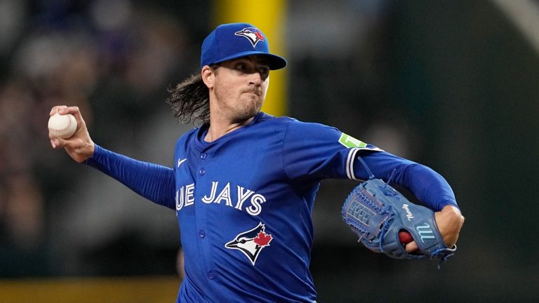 Toronto Blue Jays starting pitcher Kevin Gausman throws to the Texas Rangers in the first inning of a baseball game in Arlington, Texas, Thursday, Sept. 19, 2024. (Tony Gutierrez/AP Photo)