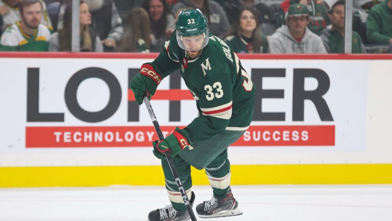 Minnesota Wild defenceman Alex Goligoski (33) skates with the puck during the first period of an NHL hockey game against the Florida Panthers, Thursday, Oct. 12, 2023, in St. Paul, Minn. (Matt Krohn/AP)