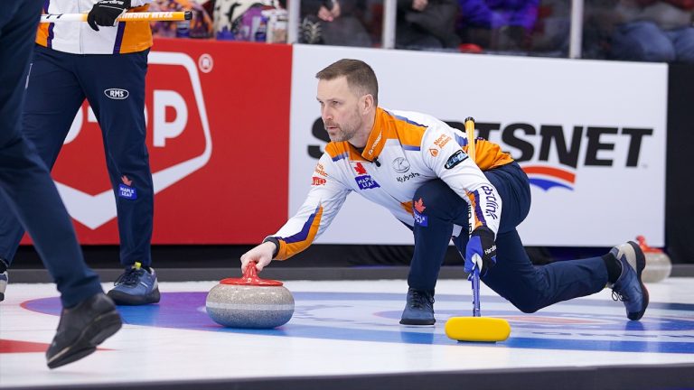 Brad Gushue prepares to throw a stone during the Co-op Canadian Open quarterfinals on Saturday, Jan. 20, 2024, in Red Deer, Alta. (Anil Mungal/GSOC)