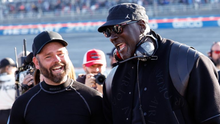 23XI Racing co-owner Michael Jordan celebrates a win by his driver Tyler Reddick after a NASCAR Cup Series auto race at Talladega Superspeedway, Sunday, April 21, 2024, in Talladega. Ala. (Butch Dill/AP)