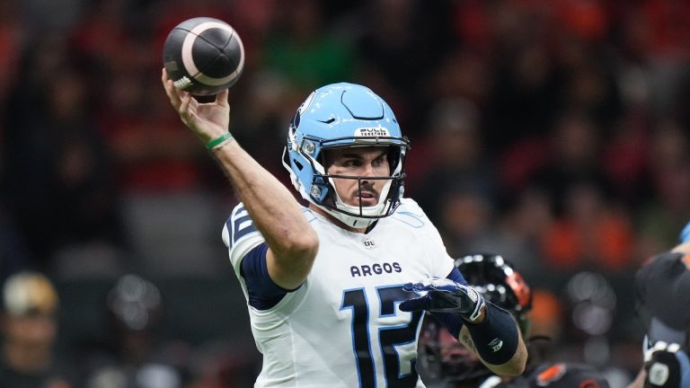 Toronto Argonauts quarterback Chad Kelly passes during the first half of a CFL football game against the B.C. Lions, in Vancouver, on Friday, September 13, 2024. (Darryl Dyck/THE CANADIAN PRESS)