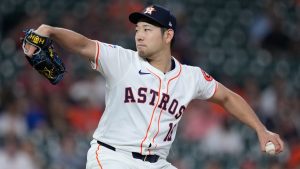 Yusei Kikuchi delivers during the first inning of a baseball game against the Los Angeles Angels, Thursday, Sept. 19, 2024, in Houston. (Kevin M. Cox/AP)