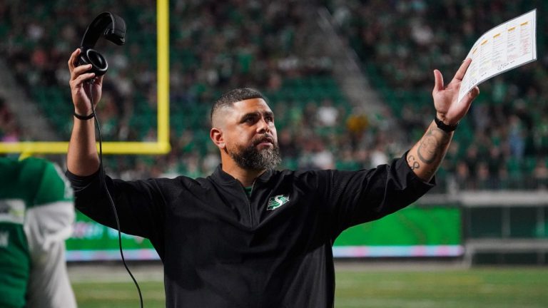 Saskatchewan Roughriders head coach Corey Mace gestures during the second half of CFL football action against the Montreal Alouettes in Regina, on Friday, August 16, 2024. (Heywood Yu/THE CANADIAN PRESS)