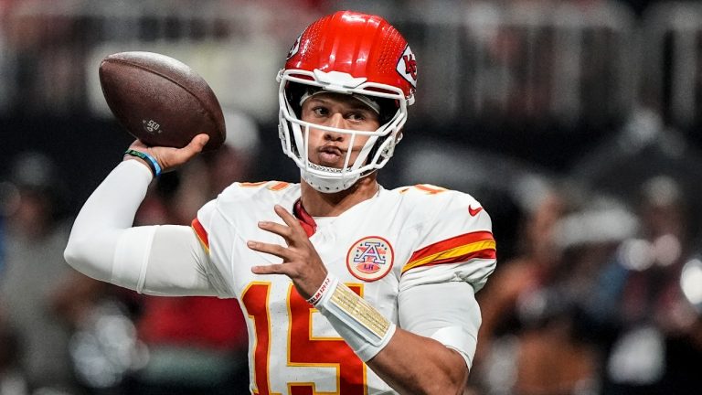 Kansas City Chiefs quarterback Patrick Mahomes (15) works in the pocket against the Atlanta Falcons during the first half of an NFL football game, Sunday, Sept. 22, 2024, in Atlanta. (Brynn Anderson/AP)