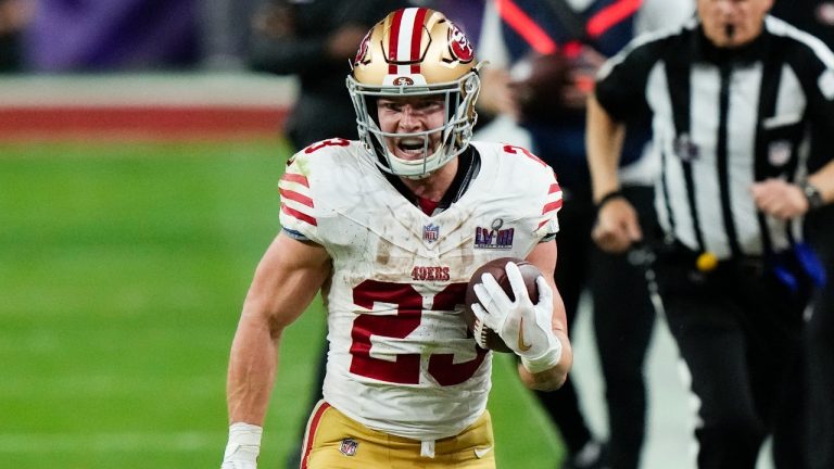 San Francisco 49ers running back Christian McCaffrey (23) runs against the Kansas City Chiefs during overtime in the NFL Super Bowl 58 football game Sunday, Feb. 11, 2024, in Las Vegas. (Frank Franklin II/AP)