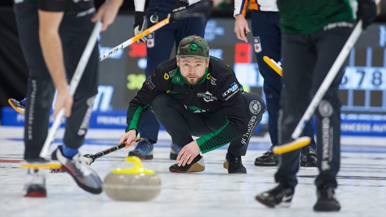 Mike McEwen watches his rock during the WFG Masters on Tuesday, Dec. 12, 2023, in Saskatoon. (Anil Mungal/GSOC)