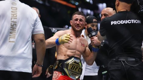 Merab-Dvalishvili-reacts-after-defeating-Sean-O'Malley-in-a-bantamweight-mixed-martial-arts-title-bout-during-UFC-306-at-the-Sphere