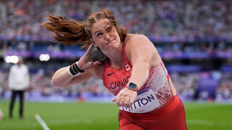 Sarah Mitton, of Canada, competes in the women's shot put final at the 2024 Summer Olympics, Friday, Aug. 9, 2024, in Saint-Denis, France. (Matthias Schrader/AP)