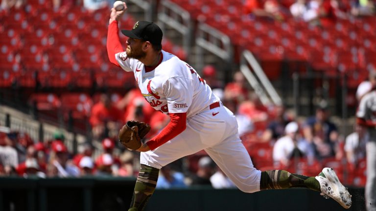 St. Louis Cardinals relief pitcher Nick Robertson throws in the ninth inning of a baseball game against the Boston Red Sox, Sunday, May 19, 2024, in St. Louis. (Joe Puetz/AP)