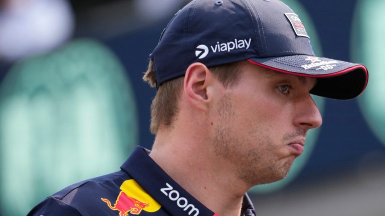 Red Bull driver Max Verstappen of the Netherlands grimaces during driver's parade ahead of the Italy's Formula One Grand Prix at the Monza racetrack, in Monza, Italy, Sunday, Sep.1, 2024 (Luca Bruno/AP)