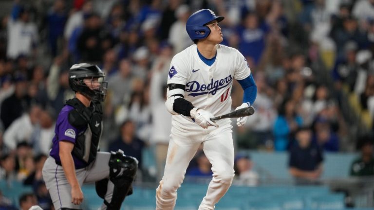 Los Angeles Dodgers designated hitter Shohei Ohtani (17) runs the bases after hitting a home run during the fifth inning of a baseball game against the Colorado Rockies in Los Angeles, Friday, Sept. 20, 2024. Max Muncy also scored. (Ashley Landis/AP)