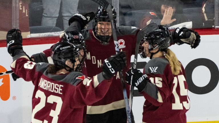 Montreal players celebrates a goal over Boston during second period PWHL playoff hockey action in Montreal on Thursday, May 9, 2024. (Christinne Muschi/CP)