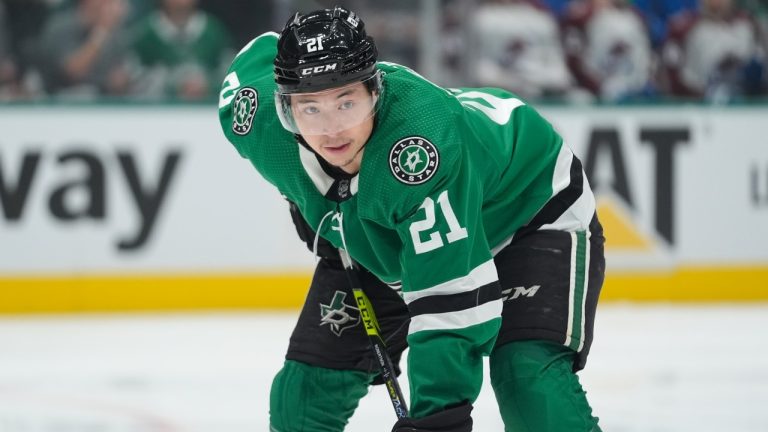 Dallas Stars left wing Jason Robertson waits on a face off in the first period in Game 2 of an NHL hockey Stanley Cup second-round playoff series against the Colorado Avalanche in Dallas, Tuesday, May 7, 2024. (LM Otero/AP)