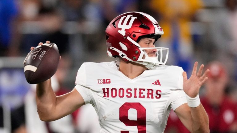 Indiana quarterback Kurtis Rourke passes during the second half of an NCAA college football game against UCLA, Saturday, Sept. 14, 2024, in Pasadena, Calif. (Mark J. Terrill/AP Photo)