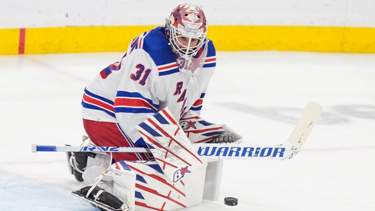 New York Rangers goaltender Igor Shesterkin blocks a shot during the first period of Game 4 during the Eastern Conference finals of the NHL hockey Stanley Cup playoffs against the Florida Panthers, Tuesday, May 28, 2024, in Sunrise, Fla. (Wilfredo Lee/AP)