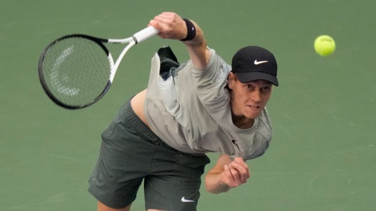 Jannik Sinner, of Italy, serves to Taylor Fritz, of the United States, during the men's singles final of the U.S. Open tennis championships, Sunday, Sept. 8, in New York. 2024. (Frank Franklin II/AP)