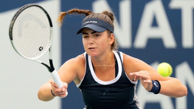 Marina Stakusic of Canada hits a forehand at the National Bank Open in Toronto on Thursday August 8, 2024. (Frank Gunn/CP)