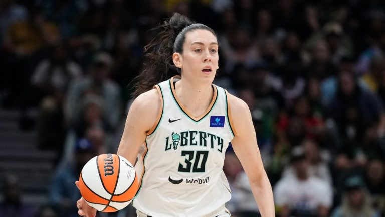 New York Liberty forward Breanna Stewart in action against the Seattle Storm during the second half of a WNBA basketball game Friday, Aug. 30, 2024, in Seattle. (Lindsey Wasson/AP)