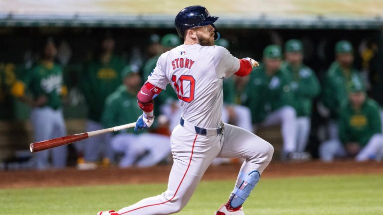 Boston Red Sox shortstop Trevor Story (10) hits during the seventh inning of a baseball game against the Oakland Athletics Tuesday, April 2, 2024, in Oakland, Calif. (Nic Coury/AP)