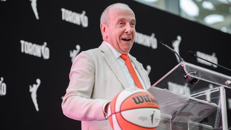 Larry Tanenbaum of Kilmer Sports Ventures gives remarks during a news conference announcing the city's WNBA franchise in Toronto on Thursday, May 23, 2024. (Christopher Katsarov/CP)