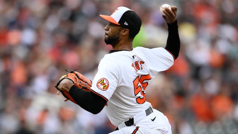 Baltimore Orioles relief pitcher Dillon Tate (55) in action during a baseball game against the Tampa Bay Rays, Sunday, June 2, 2024, in Baltimore. (Nick Wass/AP)