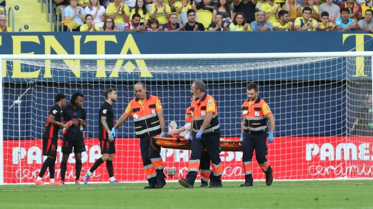 Barcelona's goalkeeper Marc-Andre ter Stegen is removed from the pitch on a stretcher after picking up an injury during a Spanish La Liga soccer match against Villarreal at the La Cerámica stadium in Villarreal, Spain, Sunday, Sept. 22, 2024. (Alberto Saiz/AP)