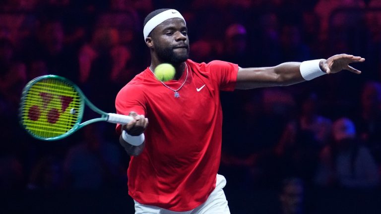 Team World's Frances Tiafoe returns to Team Europe's Daniil Medvedev on the second day of the Laver Cup tennis tournament at the Uber arena in Berlin, Germany, Saturday, Sept. 21, 2024. (Ebrahim Noroozi/AP)