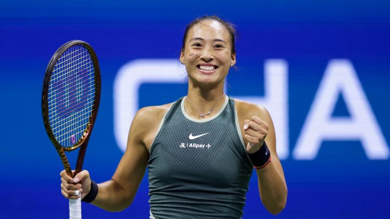 Zheng Qinwen, of China, reacts after defeating Donna Vekic, of Croatia, during the fourth round of the U.S. Open tennis tournament Monday, Sept. 2, 2024, in New York. (Adam Hunger/AP Photo)