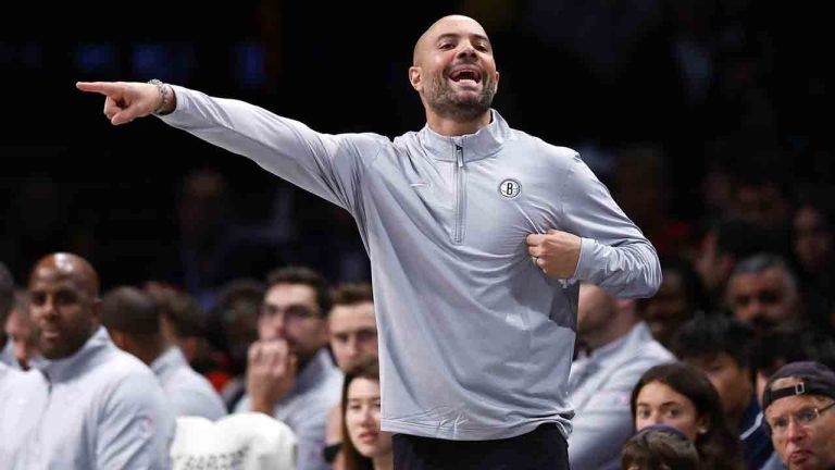 Brooklyn Nets head coach Jordi Fernandez coaches against the Milwaukee Bucks during the second half of an NBA basketball game, Sunday, Oct. 27, 2024, in New York. (Noah K. Murray/AP)