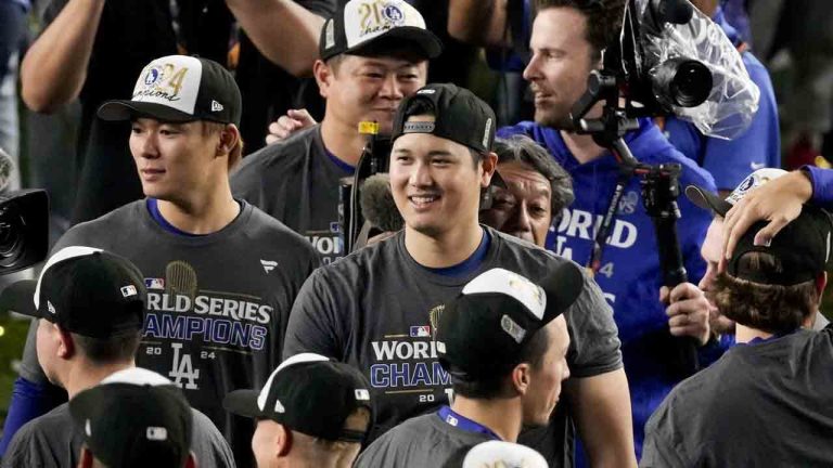 Los Angeles Dodgers' Shohei Ohtani celebrates their win against the New York Yankees in Game 5 to win the baseball World Series, Thursday, Oct. 31, 2024, in New York. (Frank Franklin II/AP)