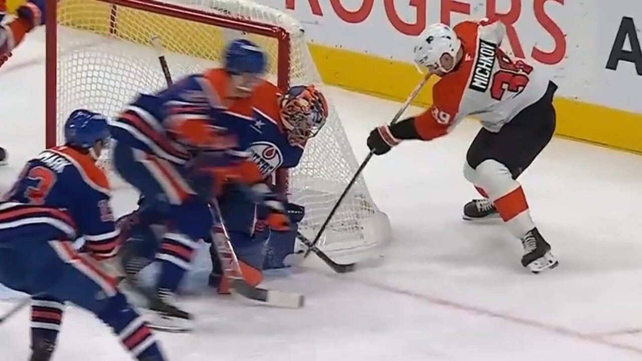 Flyers’ Michkov whacks in first NHL goal, stands up after lengthy review