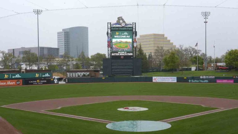 Sutter Health Park, home of the Triple A team Sacramento River Cats, is shown in West Sacramento, Calif., April 4, 2024. (Rich Pedroncelli/AP)