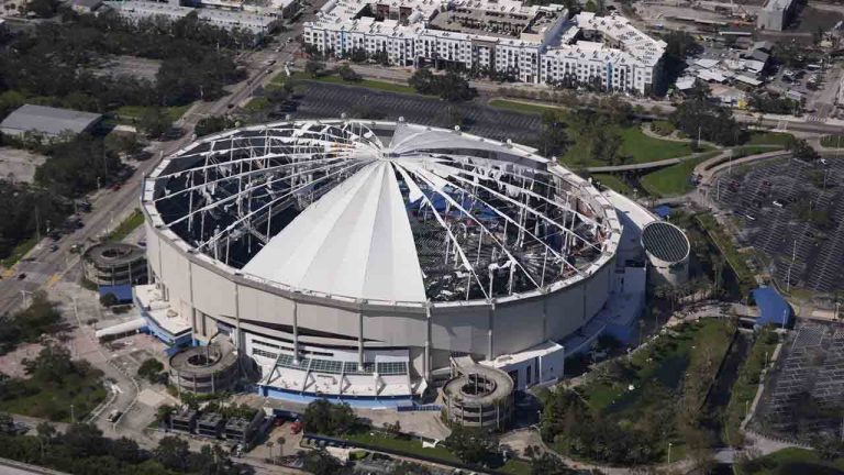 The destroyed roof of the Tropicana Dome is seen in the aftermath of Hurricane Milton, Thursday, Oct. 10, 2024, in St. Petersburg, Fla. (Gerald Herbert/AP)