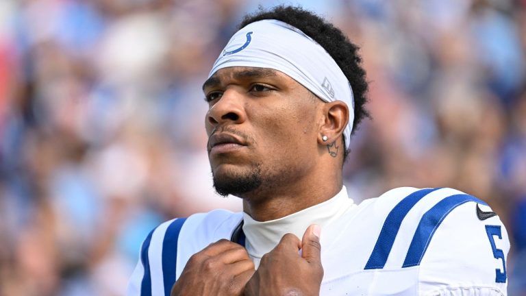 Indianapolis Colts quarterback Anthony Richardson (5) before an NFL football game against the Tennessee Titans Sunday, Oct. 13, 2024, in Nashville, Tenn. (John Amis/AP Photo)